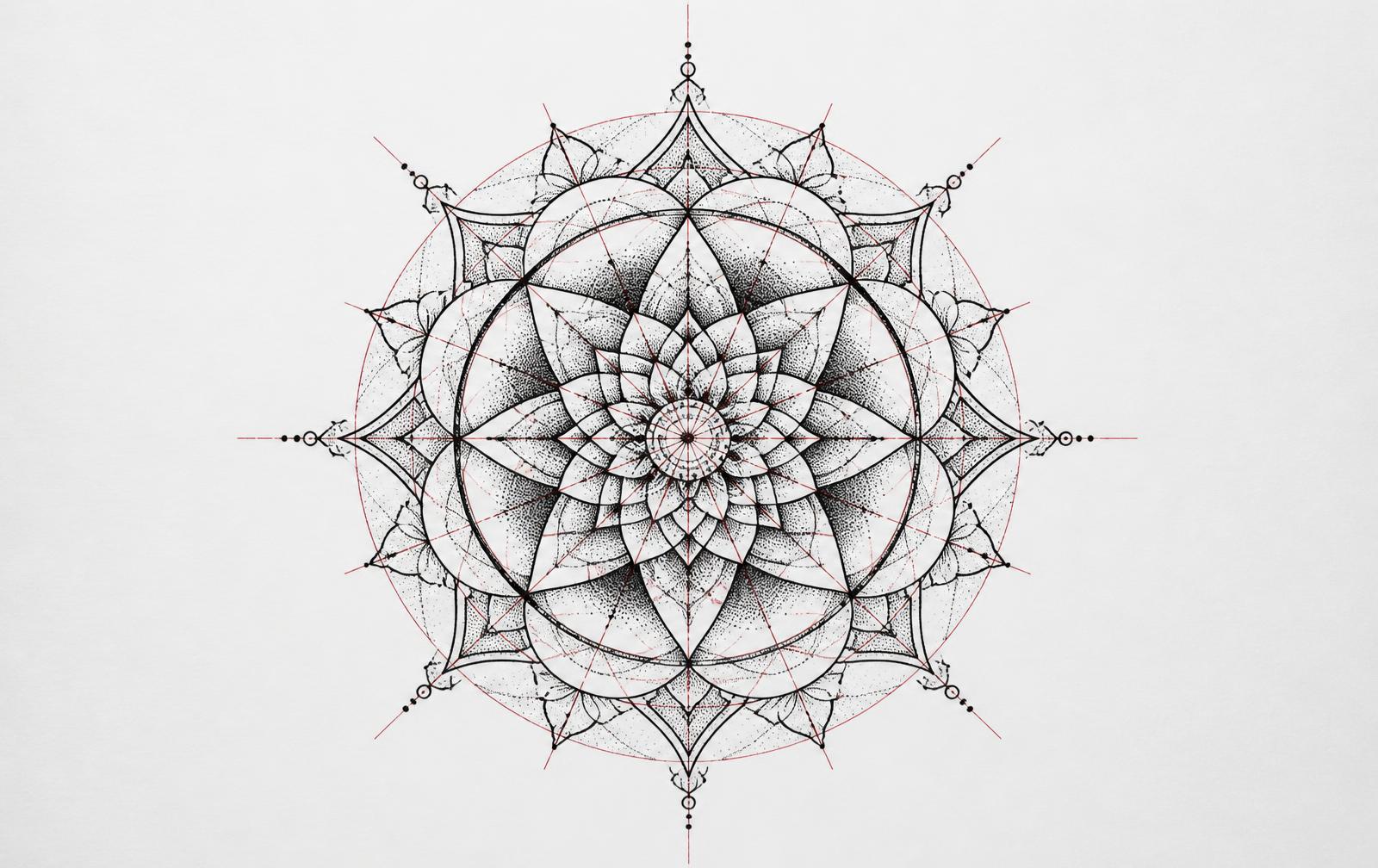 DRAWINK studio canvas with a symmetric mandala tattoo design in progress